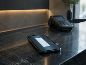 Smartphone mit digitalem Beleg neben einem Kartenterminal