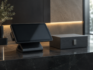 Kassenterminal mit gesperrtem Bildschirm neben einer verschlossenen Dokumentenbox