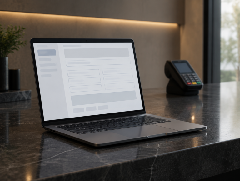 Laptop mit geöffnetem Formular neben einem Kassenterminal