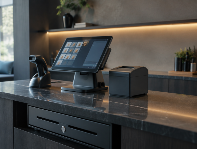 Kassenarbeitsplatz mit Scanner, Bondrucker und Kassenlade