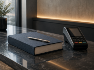 Gebundenes Buch mit Stift neben einem Kartenterminal