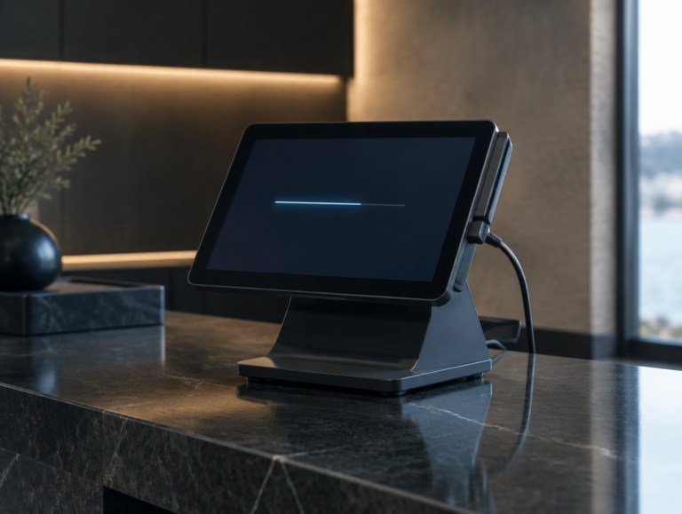 Kassenterminal während eines Softwareupdates mit angeschlossenem Servicekabel