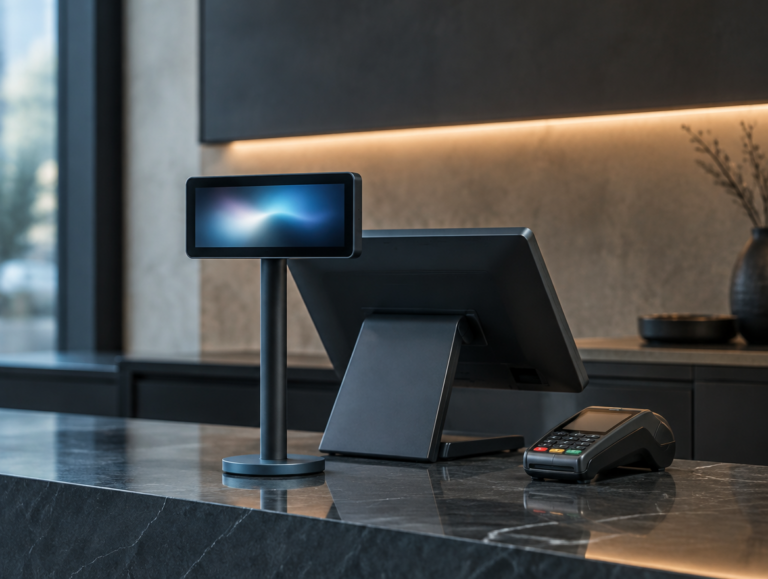 Kundendisplay auf einem Ständer neben dem Kassenterminal