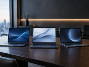 Drei Notebooks nebeneinander auf einem Vereinstisch