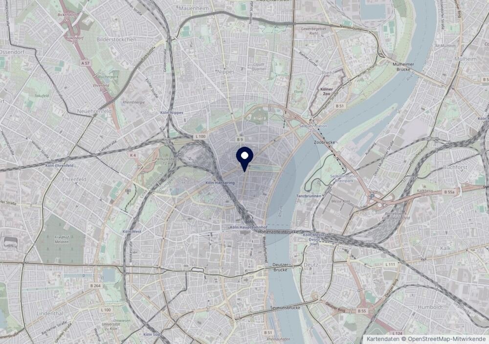 Karte von Köln mit markiertem Standort am Ebertplatz 14-16